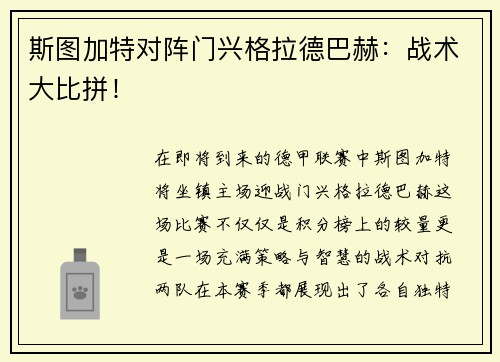 斯图加特对阵门兴格拉德巴赫：战术大比拼！